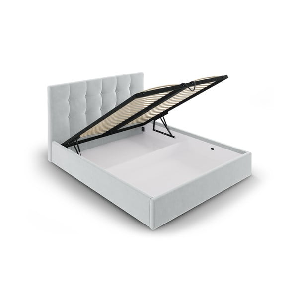 Világosszürke kárpitozott franciaágy tárolóhellyel ágyráccsal 160x200 cm Nerin – Mazzini Beds-image-3