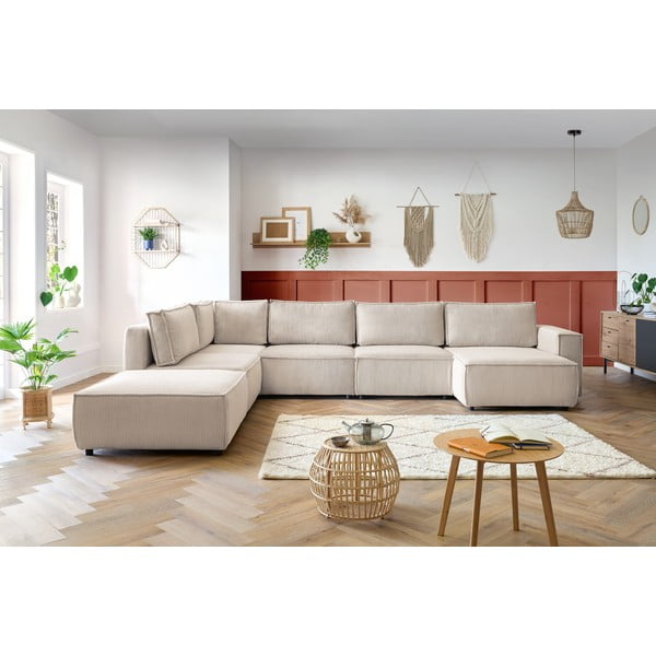 Krémszínű kordbársony sarokkanapé (bal oldali-"U" alakú) Nihad modular – Bobochic Paris-image-1