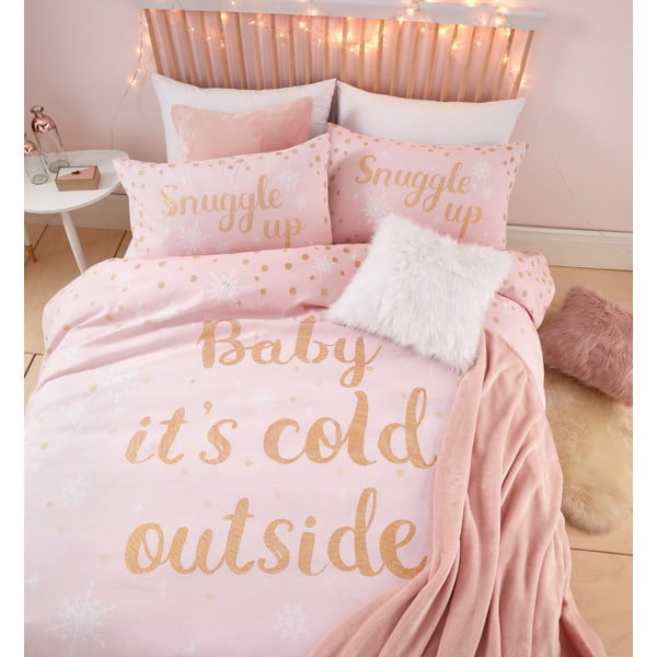 Rózsaszín ágyneműhuzat "Baby It's Cold Outside" felirattal, 135 x 200 cm - Catherine Lansfield