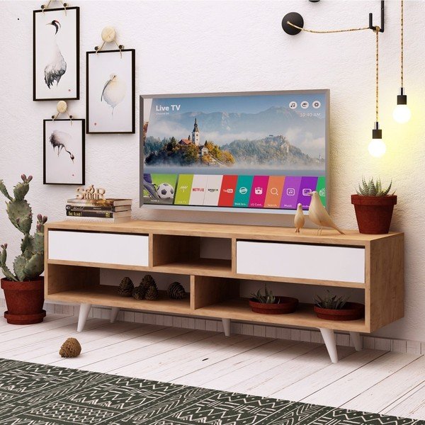 Garetto Glasgow fehér TV-állvány tölgyfa dekorral-image-3