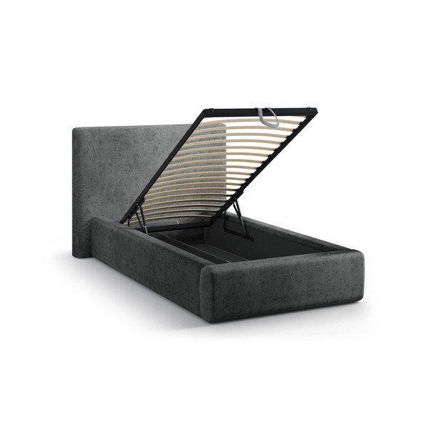 Sötétszürke kárpitozott ágyneműtartós egyszemélyes ágy ágyráccsal 90x200 cm Amy – Micadoni -image-1