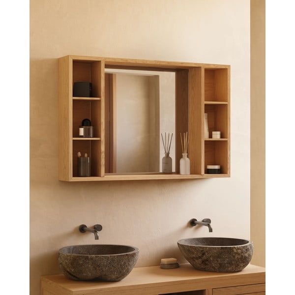 Natúr színű teakfa fali tükrös fürdőszoba szekrény 100x65 cm Parana – Kave Home-image-3