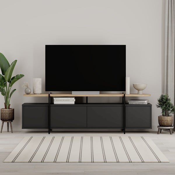 Fekete TV-állvány tölgyfa dekorral 160x48 cm Hinoa – Marckeric-image-1