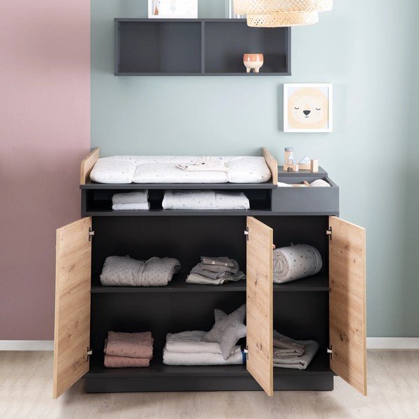 Antracitszürke-natúr színű alacsony gyerek komód pelenkázó feltéttel tölgyfa dekorral 118x103 cm Lenn – Roba-image-1