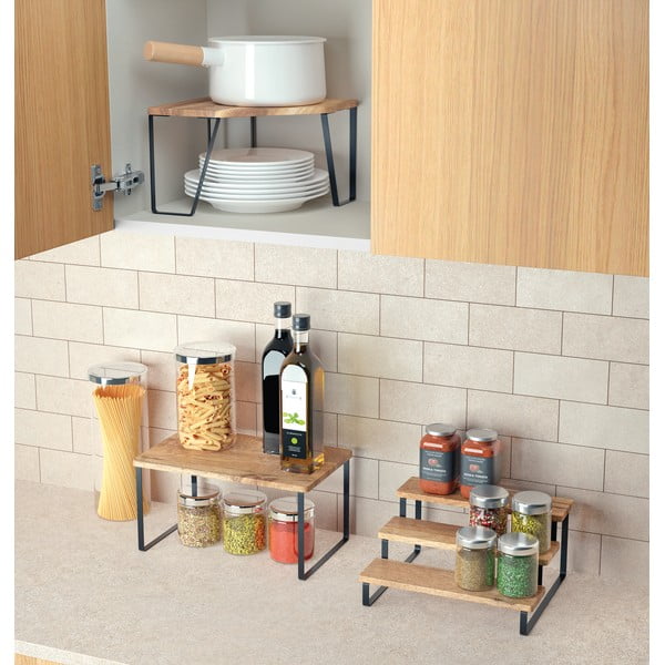 Matt fekete-natúr színű fa kiegészítő sarokpolc 25x25 cm York – Metaltex-image-3