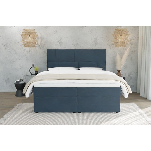 Sötétkék ágyneműtartós boxspring ágy 200x200 cm Lola – Ropez-image-2