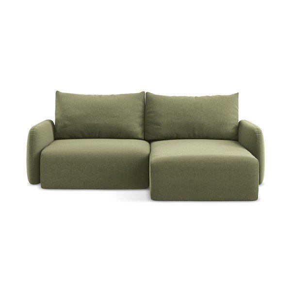 Zöld bársony kinyitható-tárolóhelyes sarokkanapé (jobb oldali-heverő résszel) Kalena – Makamii