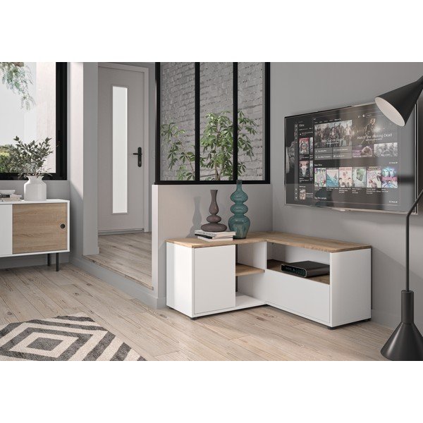 Fehér-natúr színű TV-állvány tölgyfa dekorral 90x45 cm Angle – TemaHome-image-1