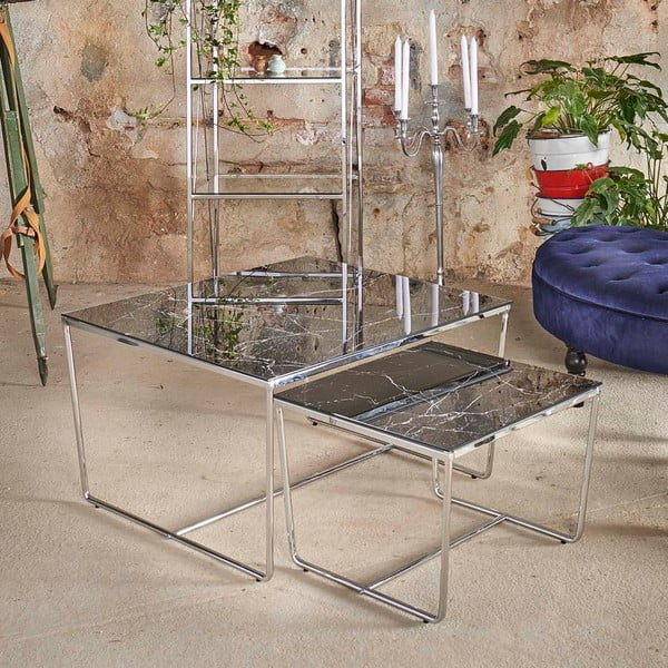 Stella 2 db-os dohányzóasztal szett ezüstszínű vázzal és fekete márványmintázatú asztallappal - RGE