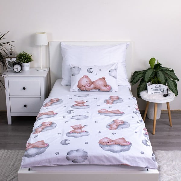 Fehér pamut gyerek ágyneműhuzat babaágyhoz 100x135 cm Teddy Bear "Ribbon" – Jerry Fabrics-image-2