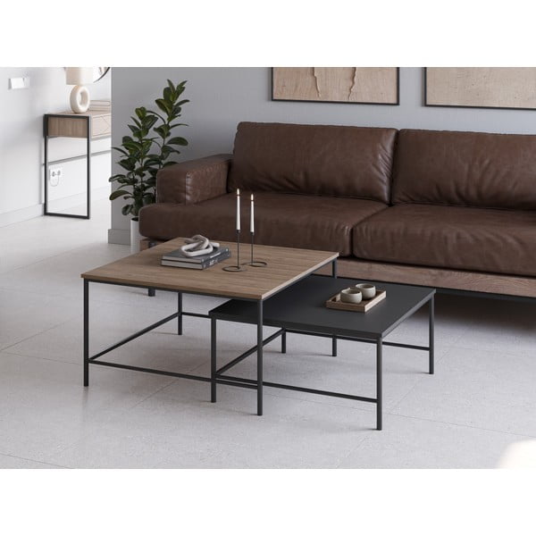 Fekete-natúr színű dohányzóasztal szett tölgyfa dekoros asztallappal 2 db-os 80x80 cm  Fiorenza – Marckeric-image-1