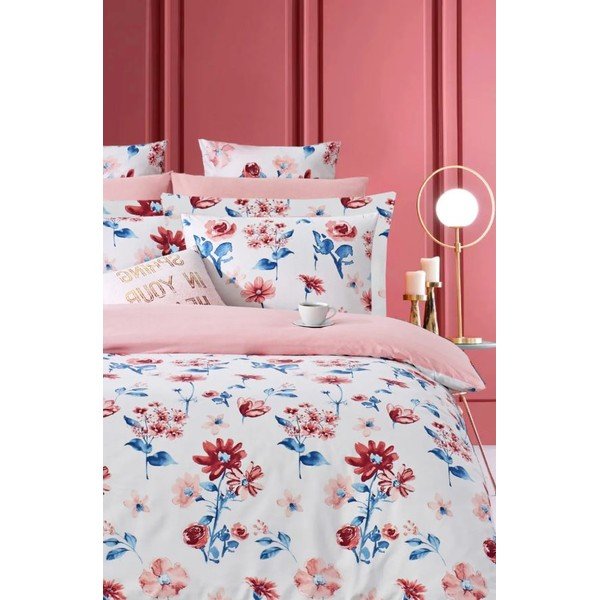 Fehér-rózsaszín kétszemélyes hosszabbított négyrészes  renforcé pamut ágyneműhuzat lepedővel 200x220 cm – Mila Home-image-1