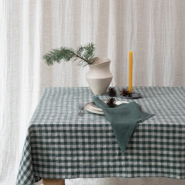 Len asztalterítő 140x250 cm Forest Green Gingham – Linen Tales-image-2