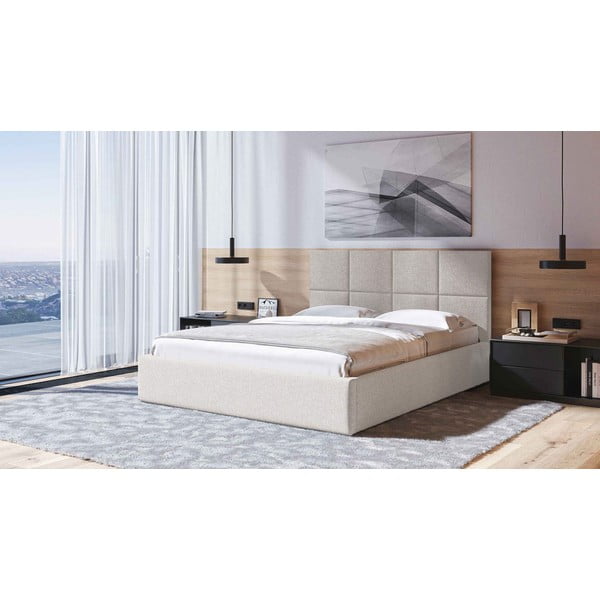 Bézs kárpitozott franciaágy tárolóhellyel, ágyráccsal 160x200 cm Bufo – MESONICA-image-1