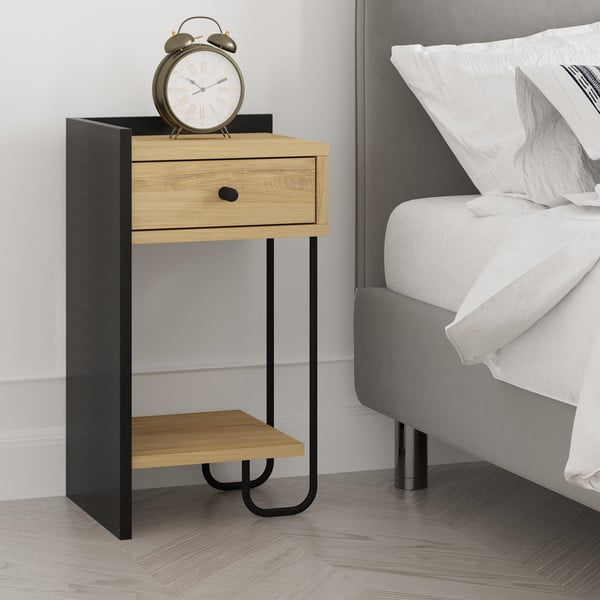 Fekete-natúr színű éjjeliszekrény tölgyfa dekorral Mercure – Marckeric-image-1