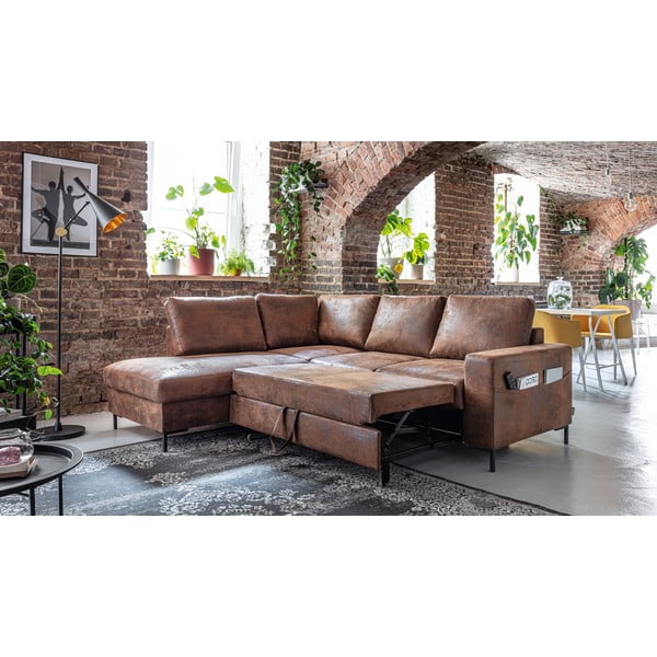 Barna bőrutánzat kinyitható sarokkanapé (bal oldali) Lofty Lilly – Miuform-image-4