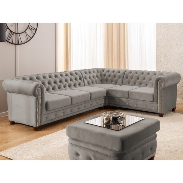 Szürke bársony kinyitható sarokkanapé (jobb oldali-L alakú) York Blik – Ropez-image-1