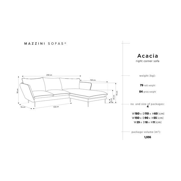 Acacia világosszürke bársony sarokkanapé, jobb oldalas - Mazzini Sofas-image-3