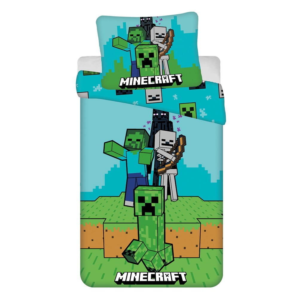 Zöld-kék egyszemélyes pamut gyerek ágyneműhuzat 140x200 cm Minecraft "Mobs Here" Jerry Fabrics