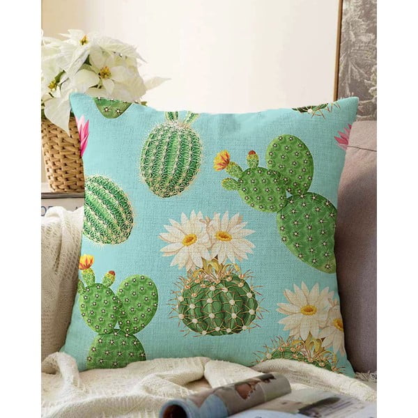 Blooming Cactus kék-zöld pamut keverék párnahuzat, 55 x 55 cm - Minimalist Cushion Covers