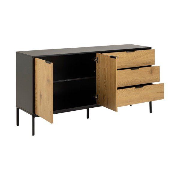 Fekete-natúr színű alacsony komód tölgyfa dekorral 160x80 cm Seaford – Actona-image-3