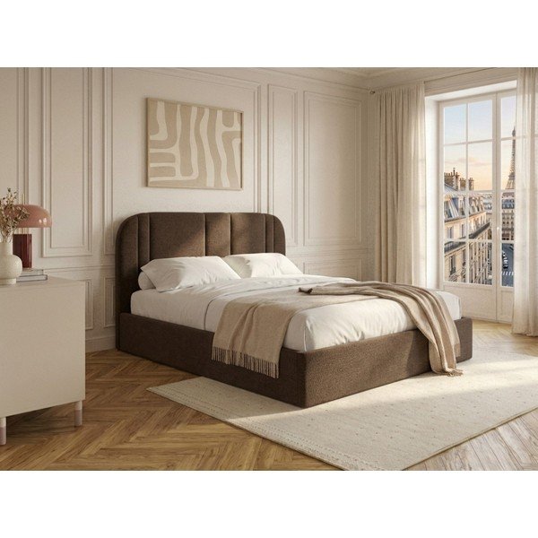 Barna kárpitozott ágyneműtartós franciaágy ágyráccsal 160x200 cm Sidney – Bobochic Paris-image-1