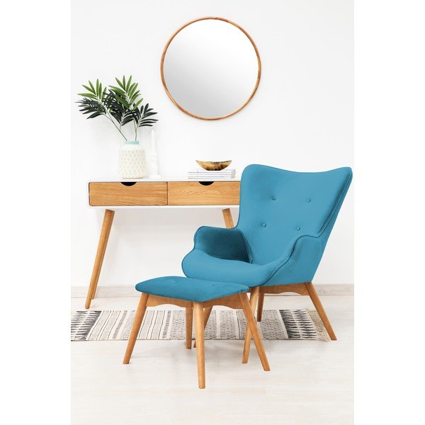 Cora Velvet akvamarin-kék fotel és lábtartó, természetes lábszerkezet - Vivonita-image-1