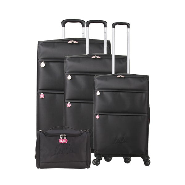Bella 3 db fekete négykerekes gurulós bőrönd és 1 db kozmetikai táska szett - Lulucastagnette