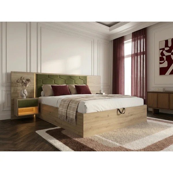 Sötétzöld kárpitozott-forgácslemez ágyneműtartós franciaágy ágyráccsal 180x200 cm Palmeraie – Bobochic Paris-image-1