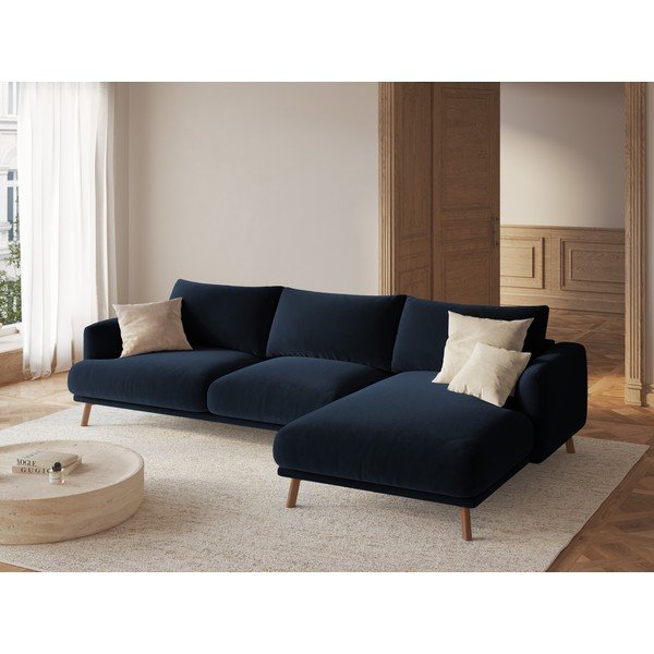 Sötétkék bársony sarokkanapé (jobb oldali-heverő résszel) Naomi – Micadoni -image-1