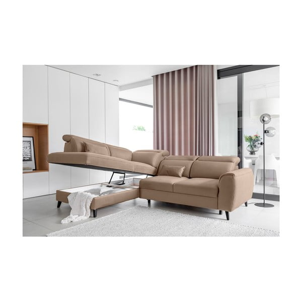 Világosbarna bársony kinyitható-tárolóhelyes sarokkanapé (bal oldali-L alakú) Noble – ELTAP-image-3