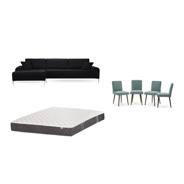 Fekete, baloldali sarokkanapé, 4 db szürkészöld szék, matrac (160 x 200 cm) szett - Home Essentials