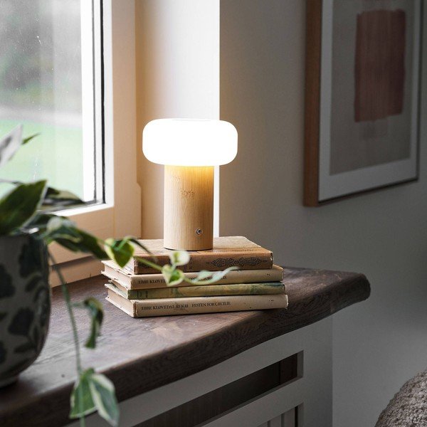 Fehér-natúr színű bambusz asztali lámpa műanyag búrával (magasság 18 cm) Stafford – House Nordic-image-1