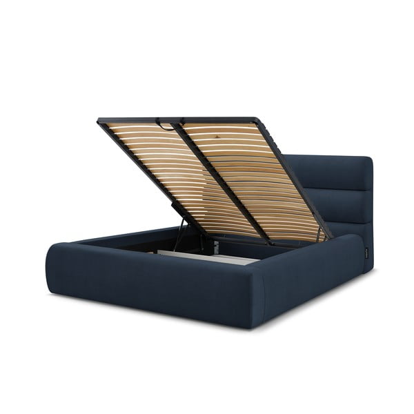 Sötétkék kárpitozott franciaágy tárolóhellyel, ágyráccsal 160x200 cm Jagna – Bobochic Paris-image-4