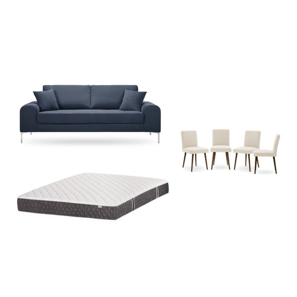 Sötétkék, háromszemélyes kanapé, 4 db krémszínű szék, matrac (160 x 200 cm) szett - Home Essentials