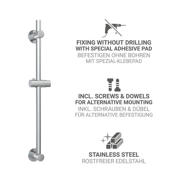 Fényes ezüstszínű öntapadós rozsdamentes acél zuhanytartó tolható tartóval 70 cm – Wenko-image-2