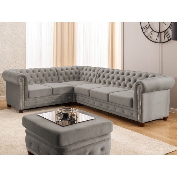 Szürke bársony kinyitható sarokkanapé (bal oldali-L alakú) York Blik – Ropez-image-1