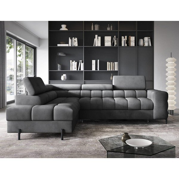 Sötétszürke bársony kinyitható-tárolóhelyes sarokkanapé (bal oldali-L alakú) Ferucce – ELTAP-image-1