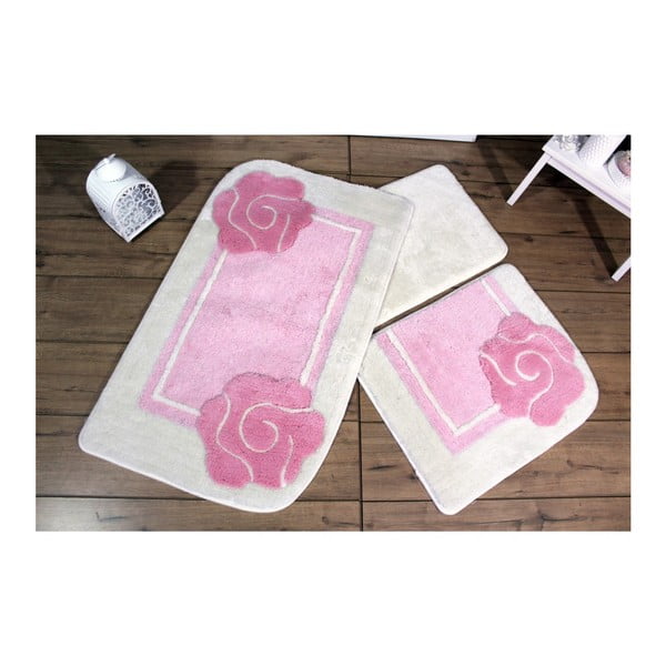Knit Knot 3 db-os rózsaszín-fehér fürdőszobai kilépő szett virág motívummal