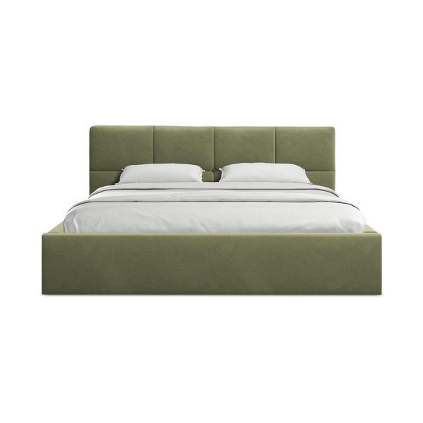 Zöld bársony kárpitozott ágyneműtartós franciaágy ágyráccsal 140x200 cm Hiko – Makamii-image-3