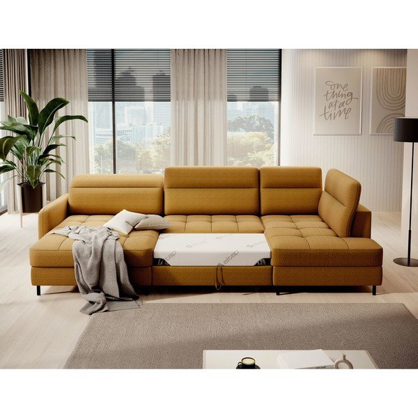 Sárga bársony kinyitható-tárolóhelyes sarokkanapé (jobb oldali-U alakú) Berrto – ELTAP-image-4