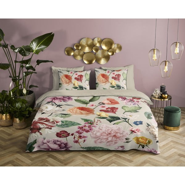 Bézs egyszemélyes-hosszabbított pamut-szatén ágyneműhuzat 140x220 cm Fiori – Descanso-image-1