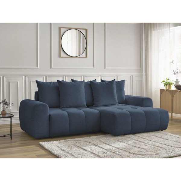 Kék zsenília kinyitható-tárolóhelyes sarokkanapé (jobb oldali-heverő résszel) Roxelane – Bobochic Paris-image-3