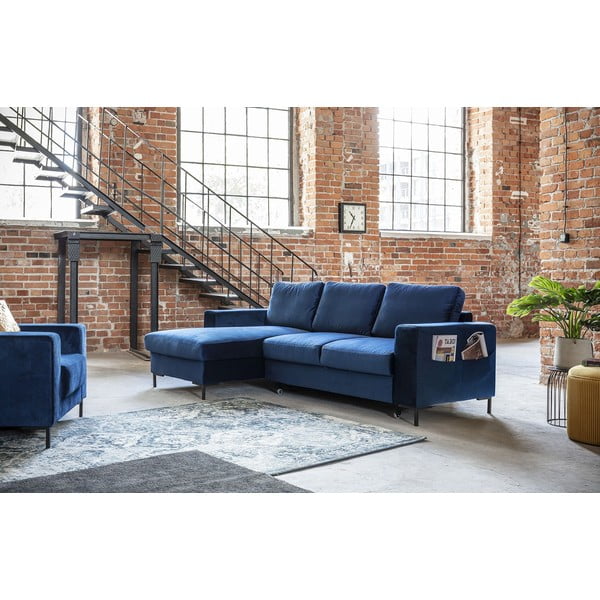 Lofty Lilly matrózkék kinyitható bársony sarokkanapé, bal oldali - Miuform-image-3