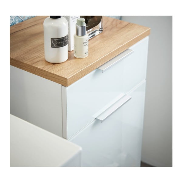 Fehér-natúr színű alacsony fürdőszoba szekrény tölgyfa dekorral 39x86 cm Pescara – Germania-image-3