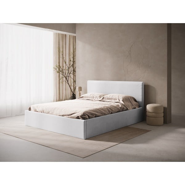 Világosszürke kárpitozott ágyneműtartós-ágytámla nélkül franciaágy ágyráccsal 140x200 cm Susan – Micadoni -image-1