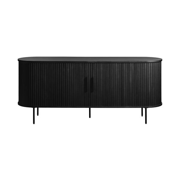 Fekete alacsony komód tolóajtóval, tölgyfa dekorral 76x180 cm Nola – Unique Furniture