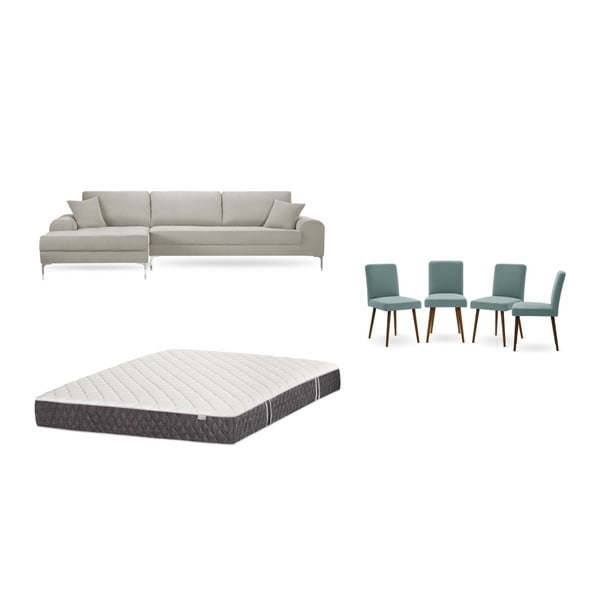 Krémszínű baloldali sarokkanapé, 4 db szürkészöld szék, matrac (160 x 200 cm) szett - Home Essentials