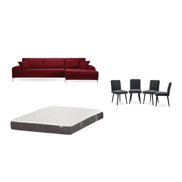 Piros jobboldali sarokkanapé, 4 db antracit szürke szék, matrac (160 x 200 cm) szett - Home Essentials