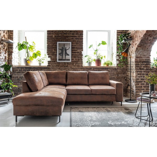 Barna bőrutánzat kinyitható sarokkanapé (bal oldali) Lofty Lilly – Miuform-image-1